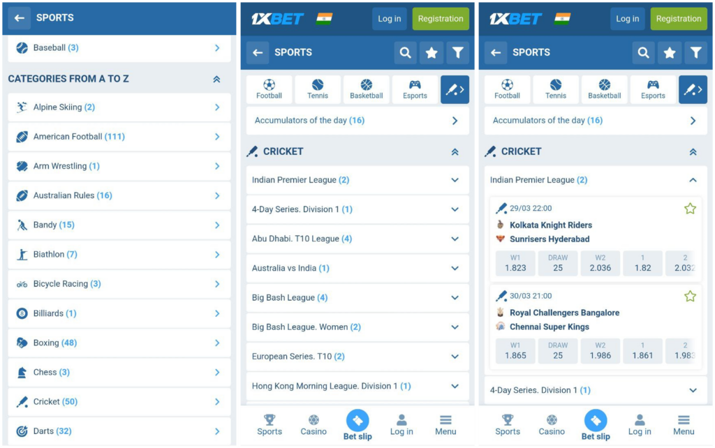 (pic L) Click on Cricket 、 (pic M) shows match classification 、 (pic R) Cricket Analysis / Odds