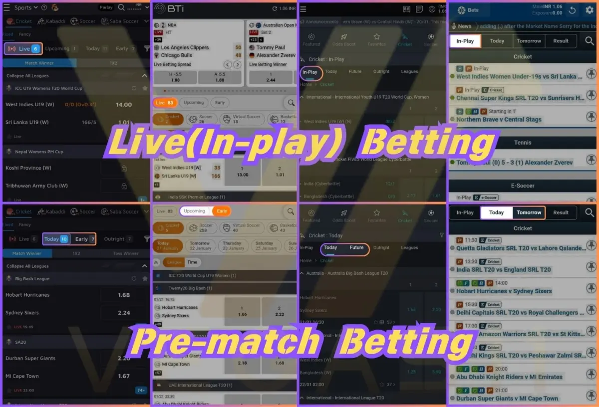 In-play Pre-match betting displayed on different betting platforms