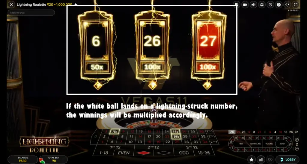 If the white ball lands on a lighting-struck number, the winnings will be multiplied accordingly.