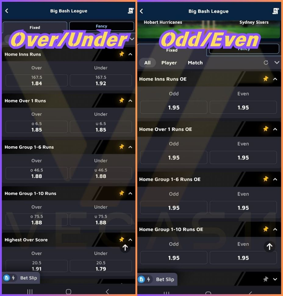 Betting Types - Predict OU and OE for Innings Runs, Over Runs, Session Runs, and Highest Over Score