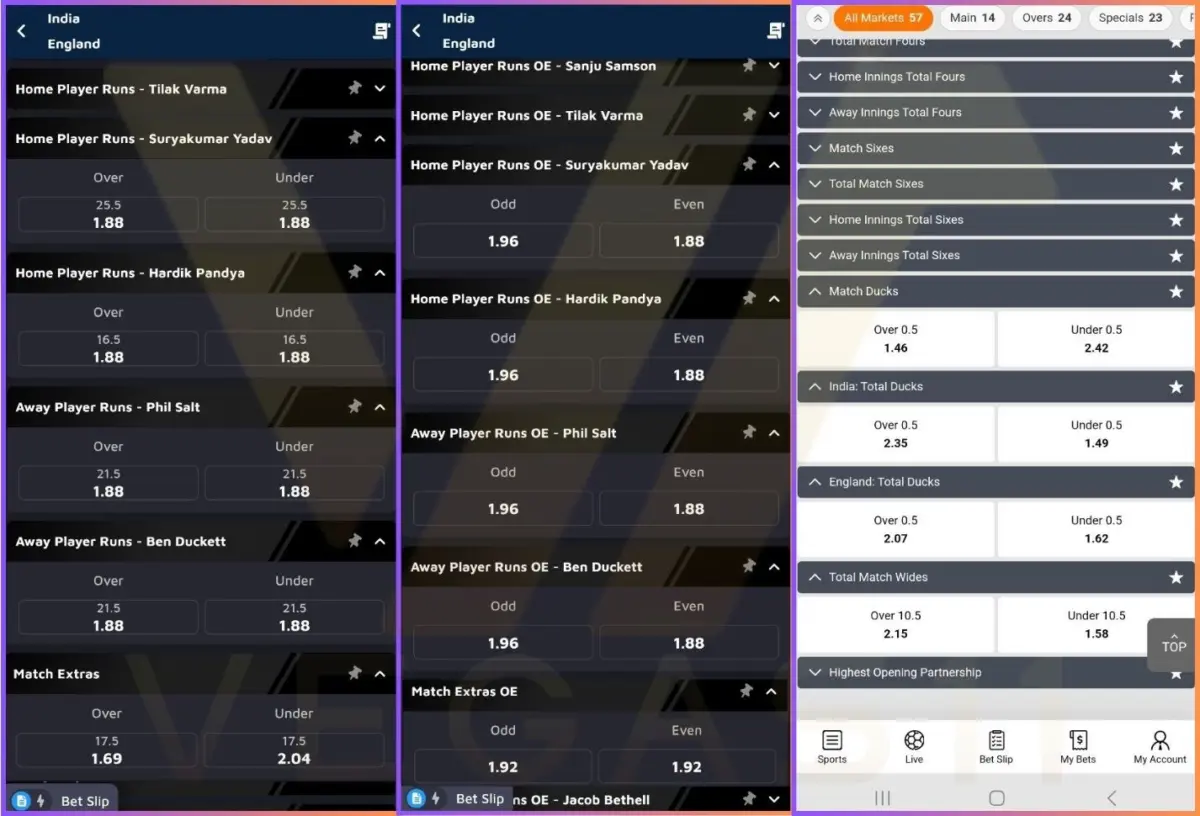 Betting Types - Predict OU and OE for Player Runs, Ducks, Extras, Wides