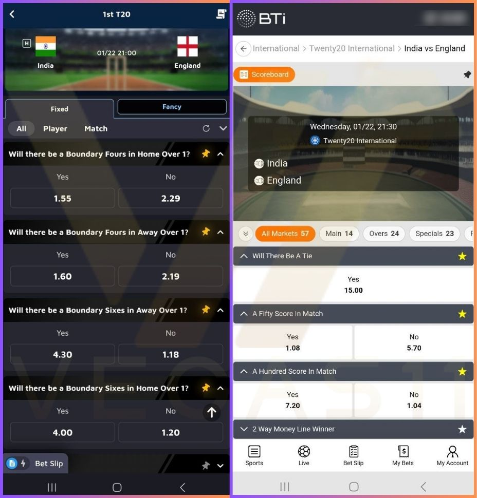 Betting Types - Yes or No for a tie, a boundary, a fifty, a hundred