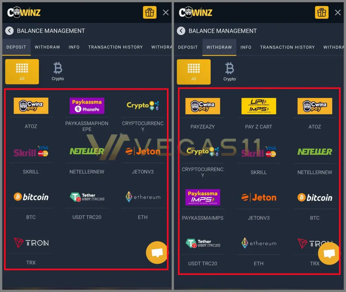 Cwinz deposit and withdrawal methods