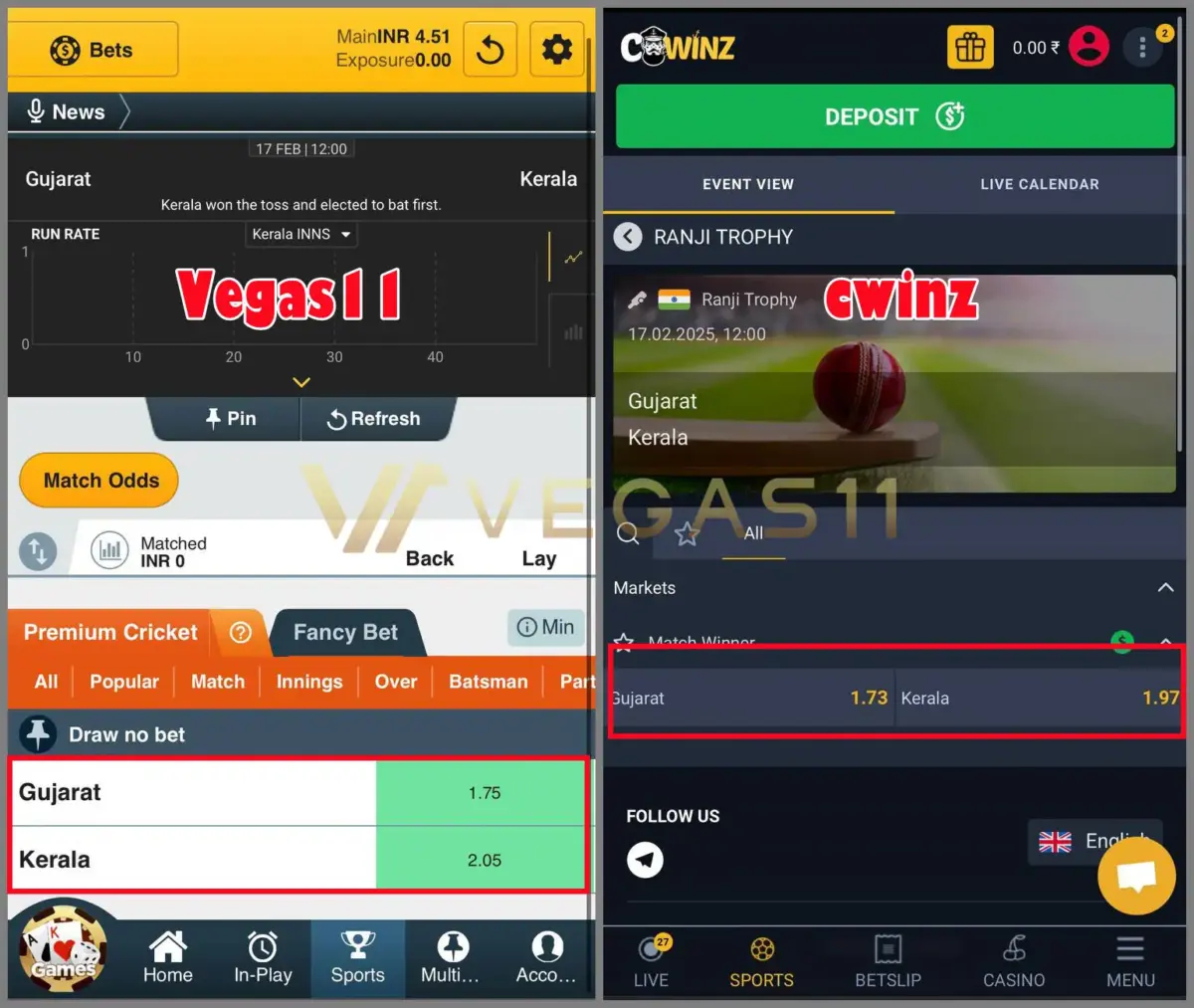 Vegas11 and Cwinz Cricket Odds